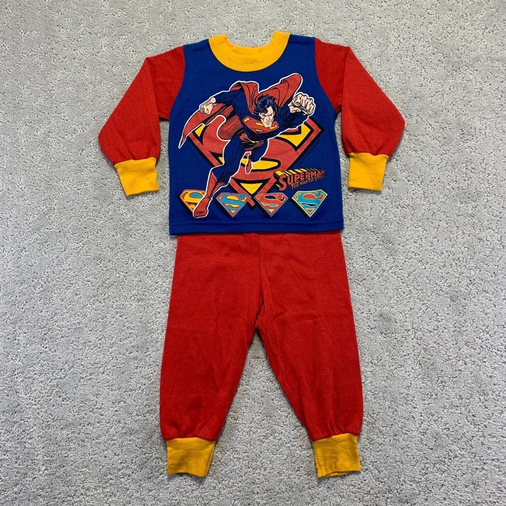 Vintage 90s Superman The Man of Steel Pajamas Kids Size 2T Red Blue 2 Piece Set